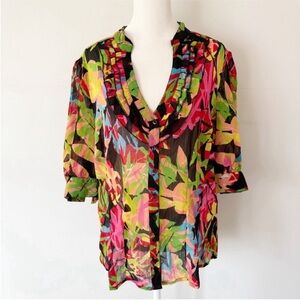 Vintage Women 90s Sheer Ruffle Button Down Top Size 16 Resort Vacation Artsy